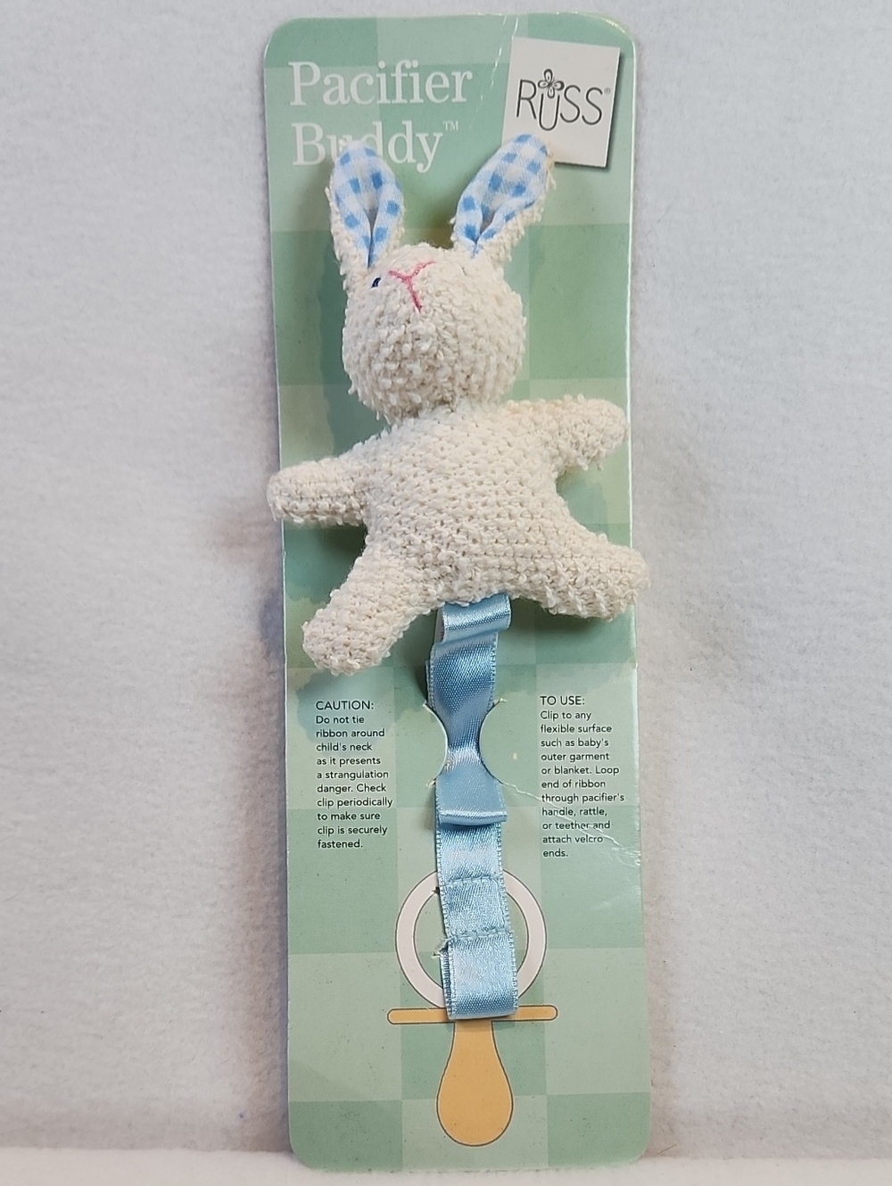 Russ Cream Bunny Pacifier Buddy with Blue Accents